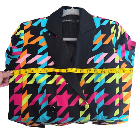 New York & Company Neon Houndstooth Double Breasted Blazer Black Multi XS - Picture 7 of 7